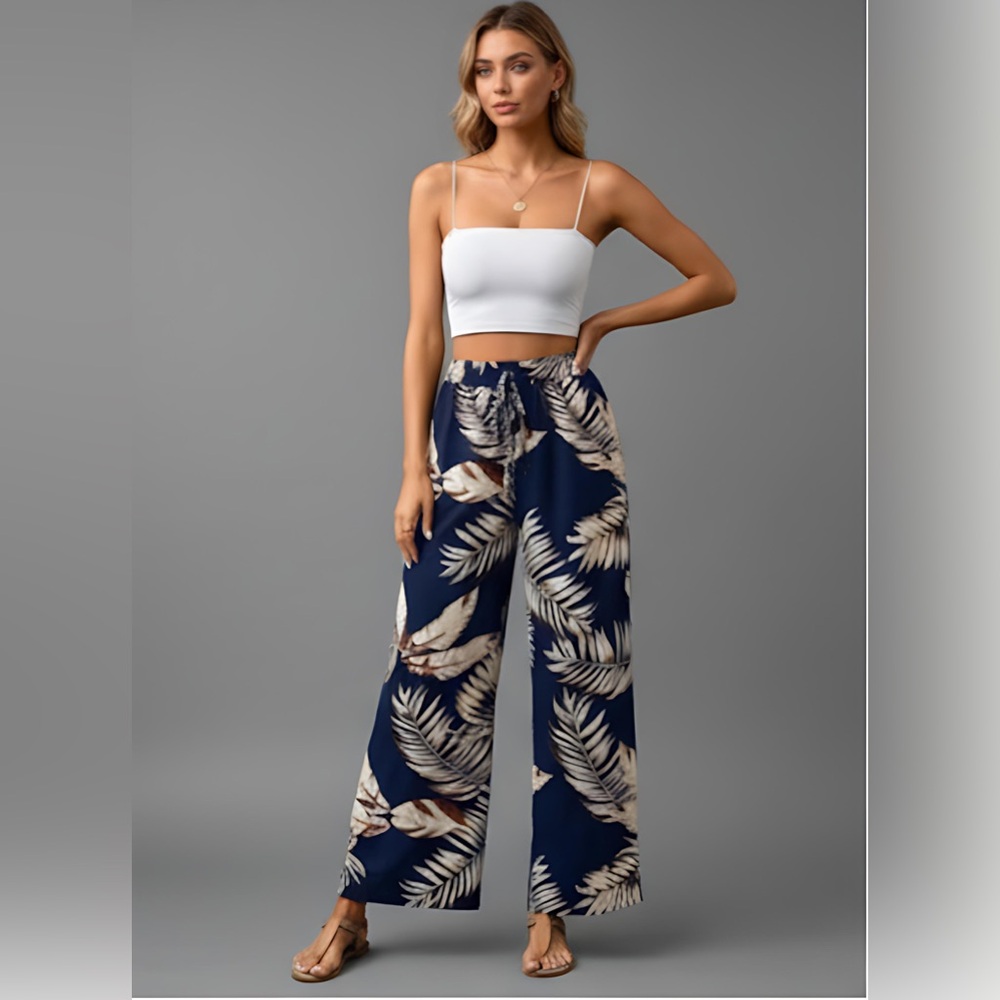 Boho Plant Print Knot Front Wide Leg Pants Blue - Picture 1 of 7